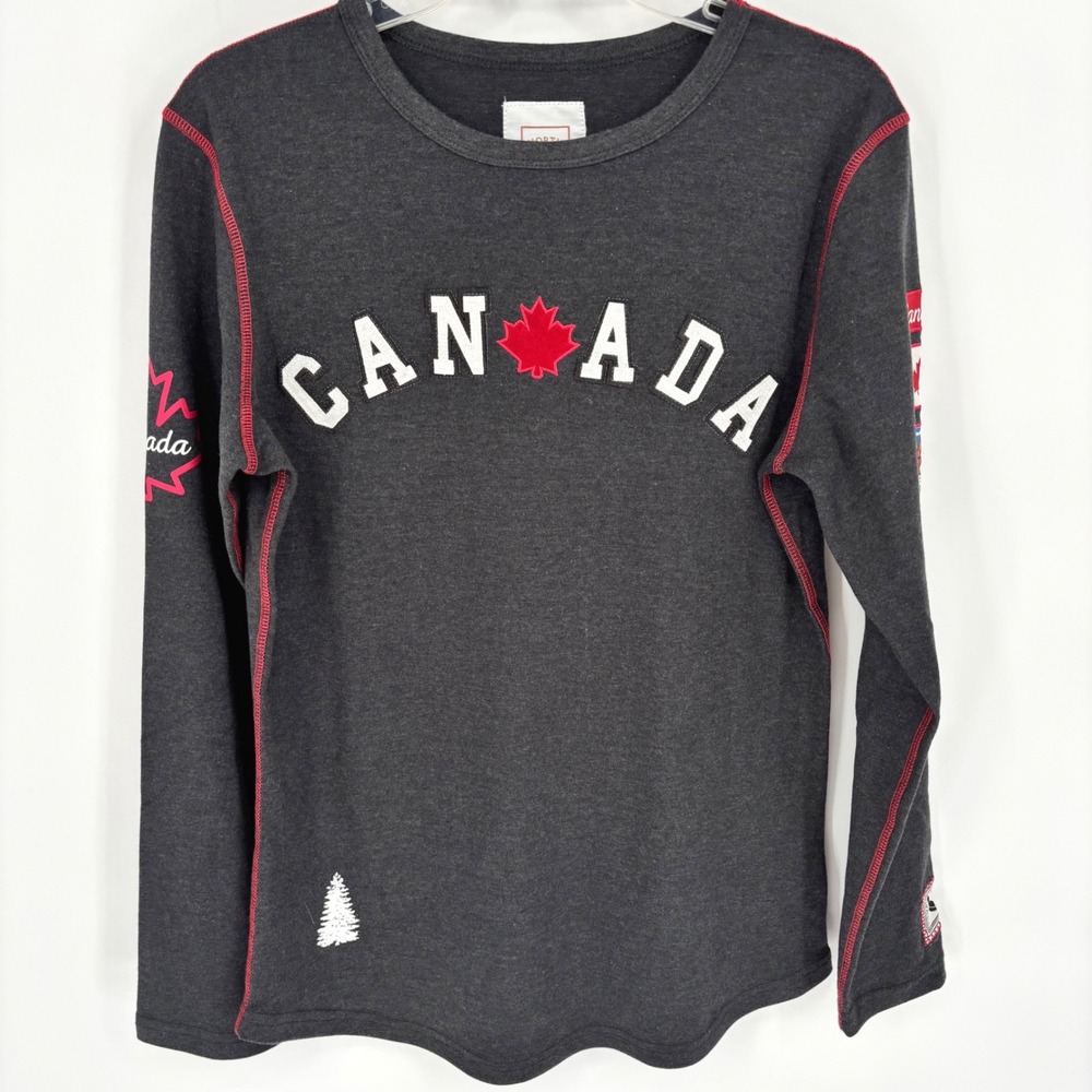 North Oak Canada Long Sleeve Graphic Top Charcoal Grey Red Stitching Medium